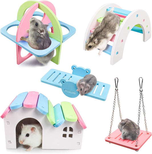 Dwarf Hamsters House DIY Wooden Gerbil Hideout Rainbow Bridge Swing and PVC Seesaw, Pet Sport Exercise Toys Set, Sugar Glider Syrian Hamster Cage Accessories, Suitable for Small Animal Habitat