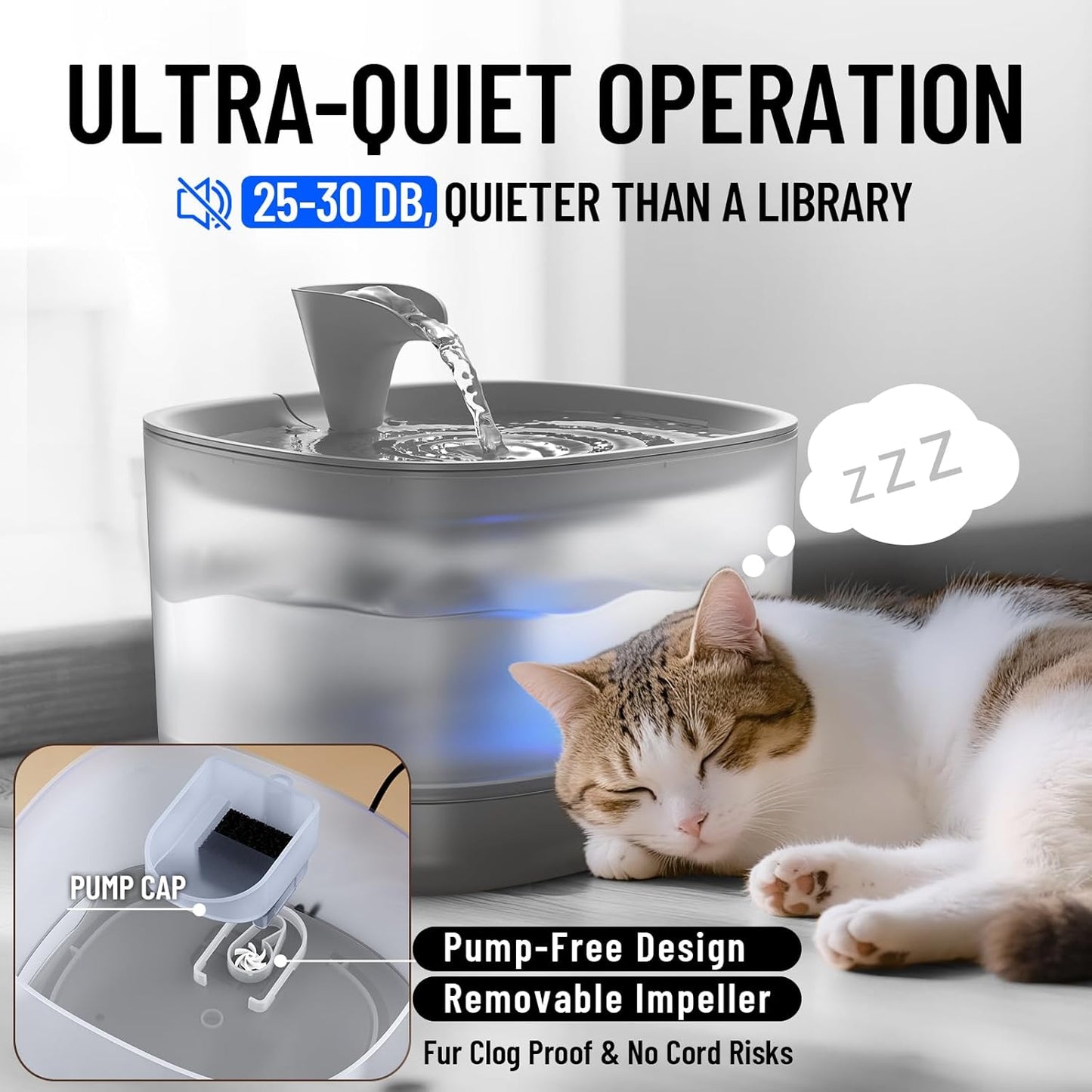 Veken Cat Water Fountain with Detachable Tank, Easy to Clean & Assemble, 84oz/2.5L Automatic Pet Drinking Dispenser with Quiet Operation & LED Light for Cats, Dogs and Small Pets, Grey