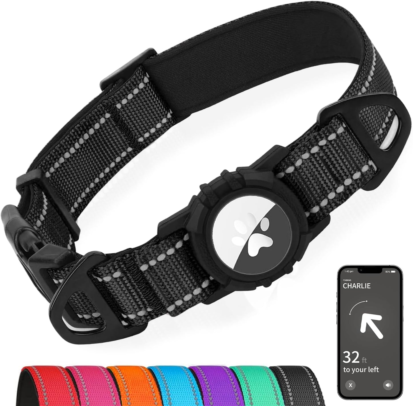 Joytale Airtag Dog Collar, Reflective Pet Collar with Waterproof AirTag Holder, Dual D-Rings, Soft Padded Adjustable for Extra Small and Puppy Dogs, Black, XS