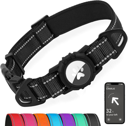 Joytale Airtag Dog Collar, Reflective Pet Collar with Waterproof AirTag Holder, Dual D-Rings, Soft Padded Adjustable for Extra Large Dogs, Black, XL