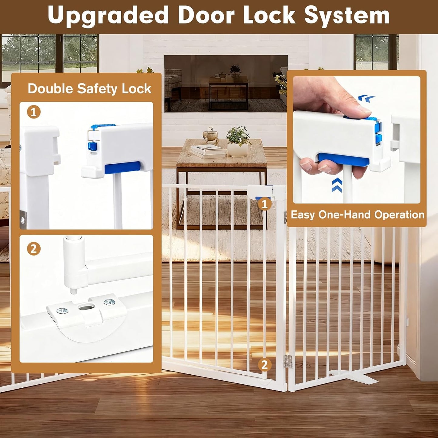 104" Dog Gate Extra Wide, Heavy Duty Metal Freestanding Dog Gate with Door for Indoor & Outdoor, Foldable Pet Fence for Doorways,House,Porch,Deck,Yard,Stairs, Auto Close(4 Panels,White)