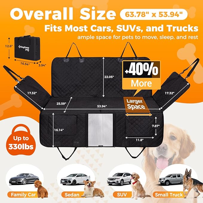 KingCamp Dog Car Seat Cover for Back Seat, Waterproof Scratch Proof Dog Hammock with Hard Bottom 600D Heavy Duty Nonslip Durable Seat Protector with Mesh Window for Cars, SUV, 64" x 54"