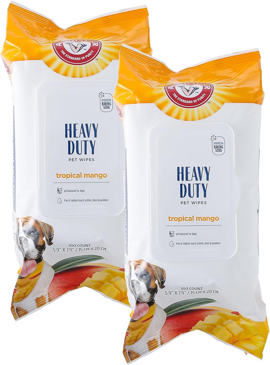 Arm & Hammer for Pets Heavy Duty Multipurpose Bath Wipes for Dogs | All Purpose Dog Wipes Remove Odor & Refresh Skin for Pets | Fruity Mango Scent, Two (2) 100 Count Packs of Pet Wipes