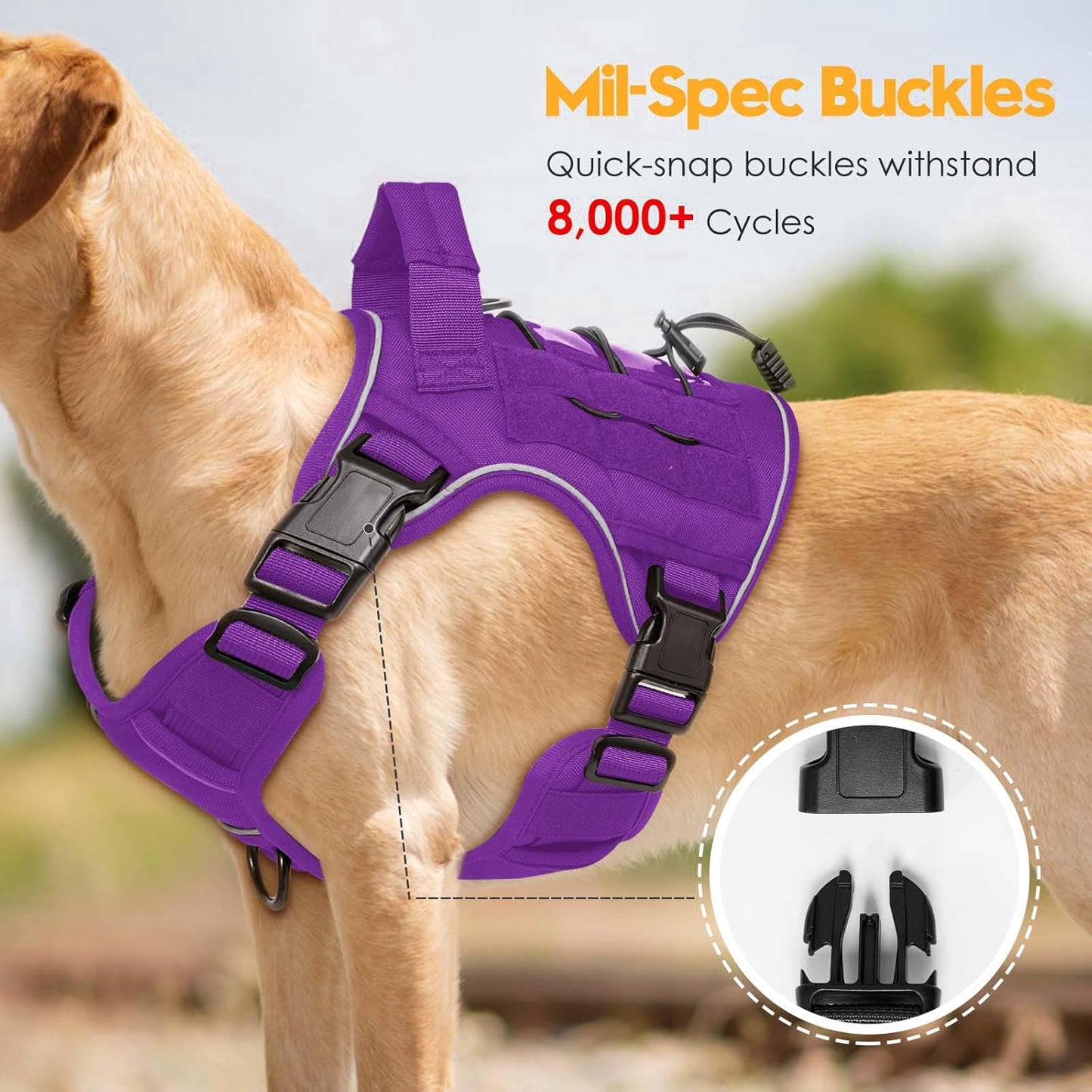 Heavy-Duty Tactical Dog Harness for Large Dogs, No Pull Adjustable Reflective Pet Vest with Molle System, K9 Military-Grade Control for Service Training, Outdoor & 10+ Breeds, Purple, Medium