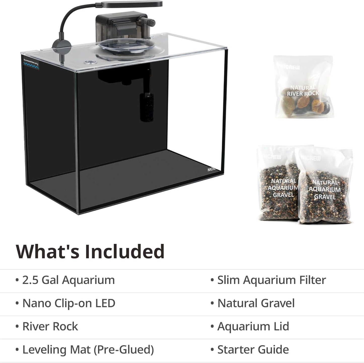NICREW 2.5 Gallon Nano Nature Aquarium Kit, Ultra-Clear Rimless Desktop Fish Tank with Light, Filter, Gravel and Rock, Perfect for Small Fish, Shrimp, or Betta, Complete Version, Black