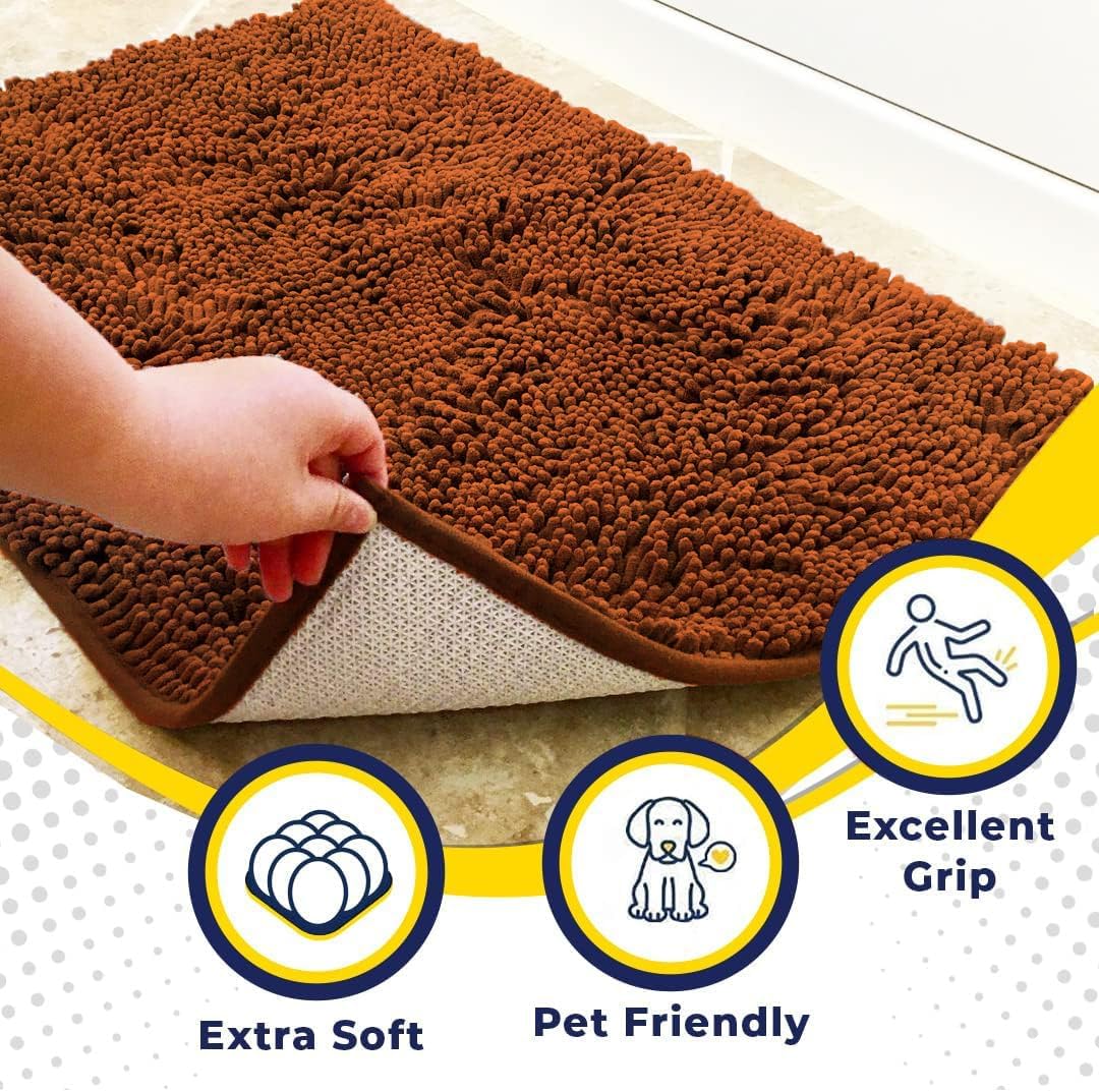 Muddy Mat® AS-SEEN-ON-TV Highly Absorbent Microfiber Dog Door Mat and Pet Rug, Non Slip Thick Washable Area and Bath Mat Soft Chenille for Kitchen Bathroom Bedroom and Indoor - Orange XL 35" x 60"