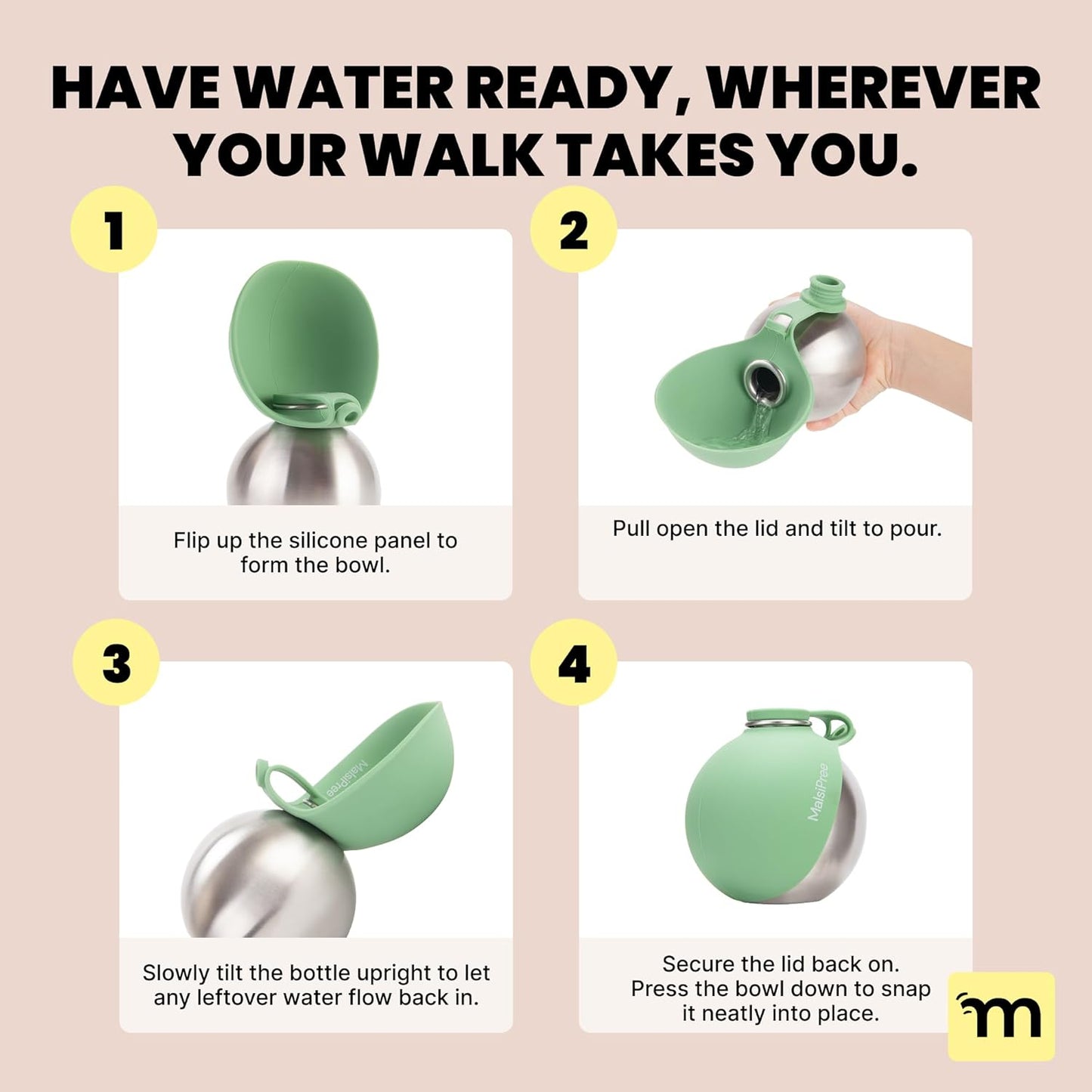 Malsipree 2-in-1 Portable Dog Water Bottle & Bowl for Small Dogs - Leak Proof & Insulating - Travel Water Dispenser - Stainless Steel Bottle & Silicone Bowl - Walking & Hiking (10 fl oz, Sage)