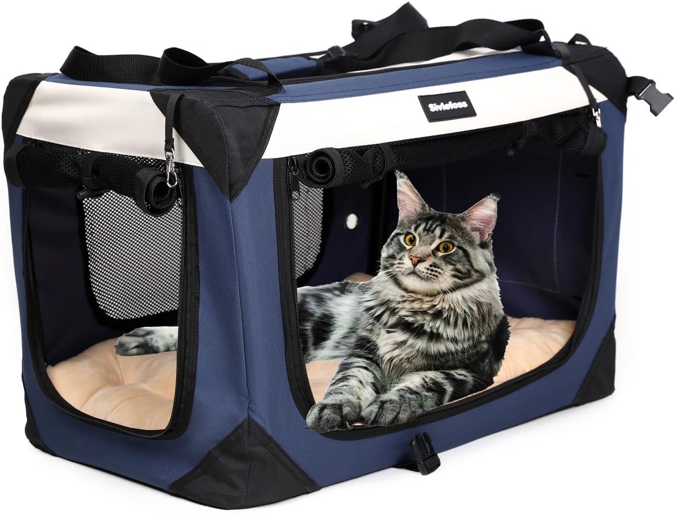 Large Cat Carrier, Collapsible Dog Travel Crate Portable Soft-Sided Pet Carrier with Super Soft Warm Plush Mat for Indoor and Outdoor 24x16x16in,Navy Blue
