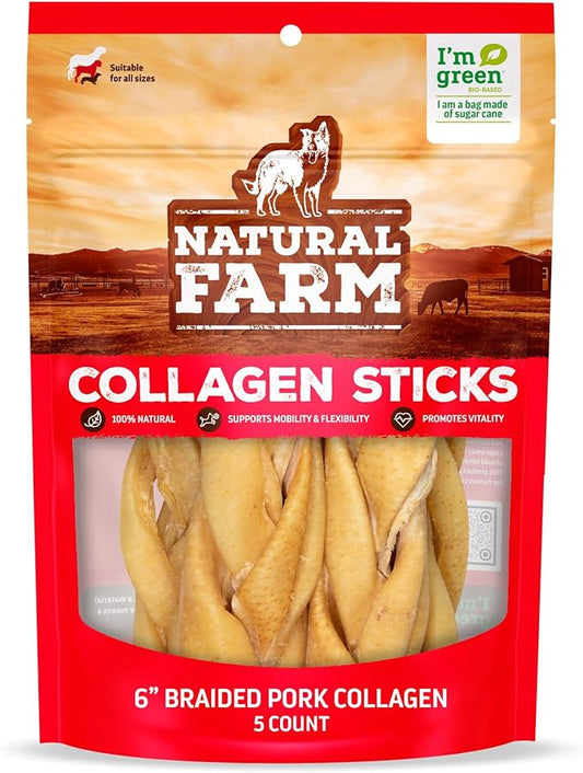 Natural Farm Braided Pork Collagen Dog Chews (10 Pack), Flavorful Braided Pork Collagen Sticks, Natural Dog Chews, Long Lasting, for Small, Medium, and Large Dogs, Odor-Free Rawhide Alternative
