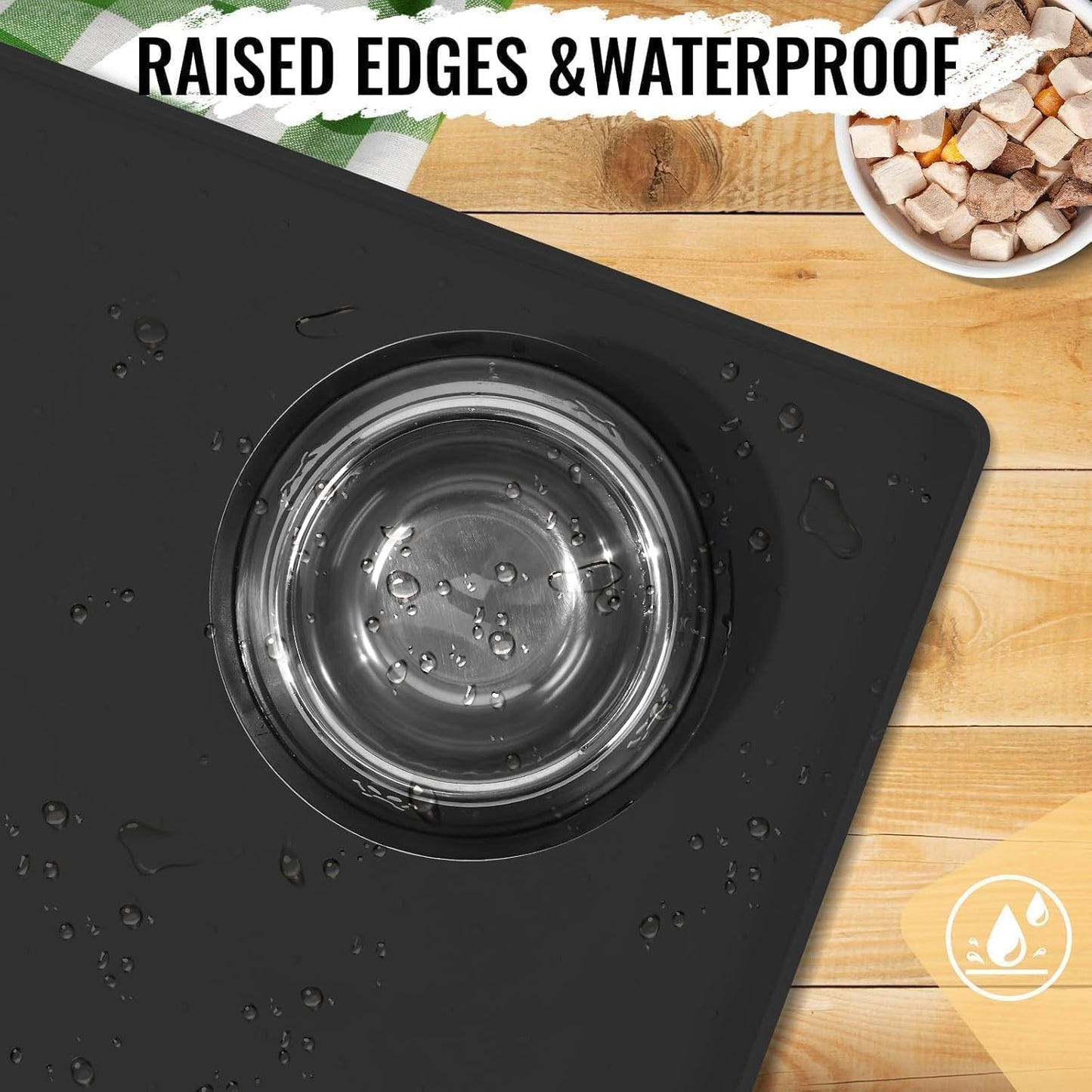 MateeyLife Dog & Cat Food Mat for Floors Waterproof, Nonslip Pet Feeding Mats with Raised Edges, Silicone Matt Tray for Messy Drinkers, 22"x14", Black
