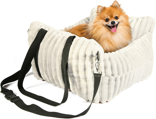 Dog Car Booster Seat, for Small Dogs Under 30 lbs, Detachable Washable Travel Bed with Storage Pockets and Safety Belt (Beige, Medium)