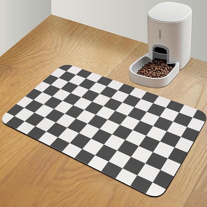 Checkered Pet Feeding Mat, Absorbent Dog Mat for Food and Water Bowls Dispenser 16" x 24" Black