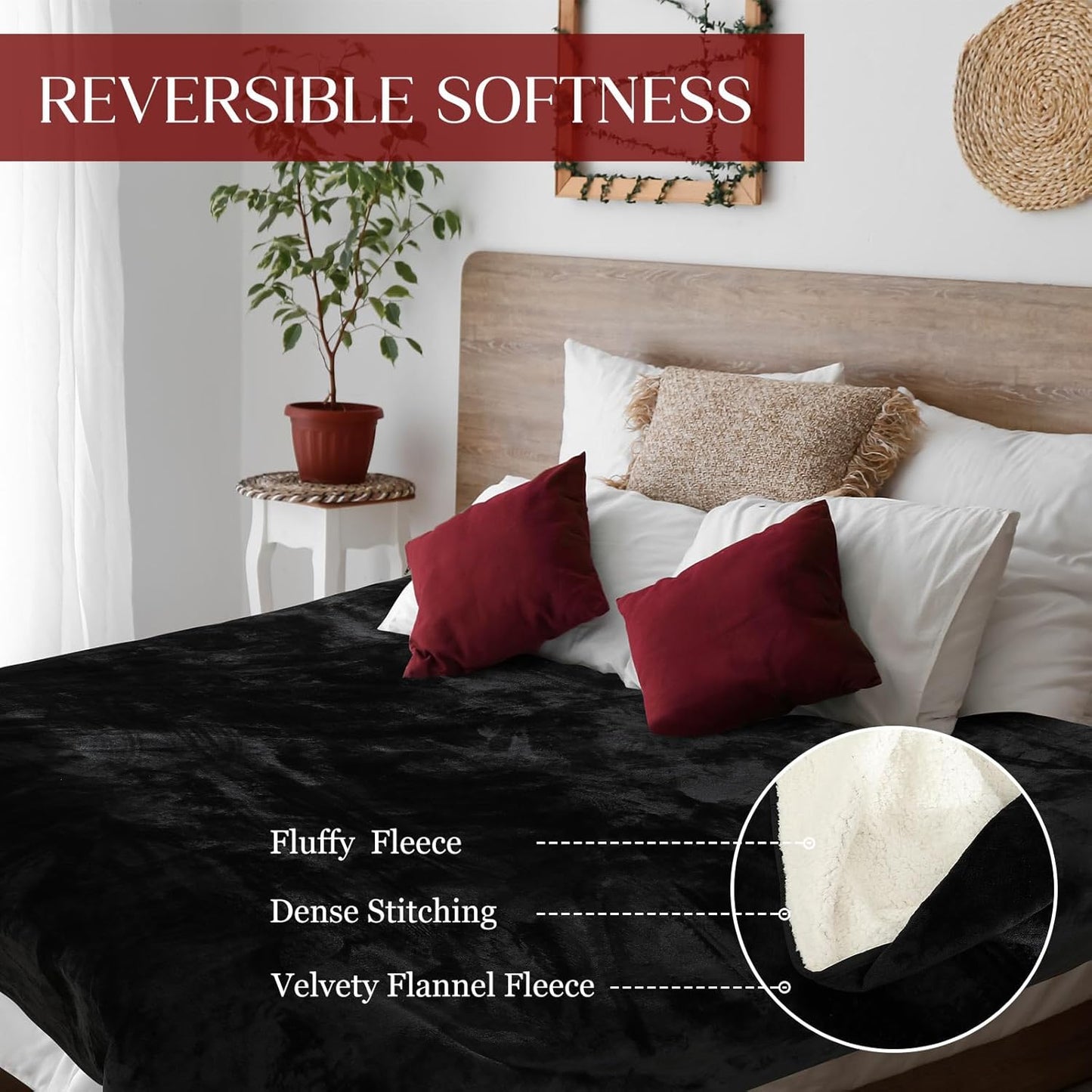 Love Black Waterproof Bed Blanket, Twin Size 80'' x 60'' Double Side Leakproof Reversible Sherpa Flannel Fleece 3 Layer Lightweight Blanket, Absorbs 50oz