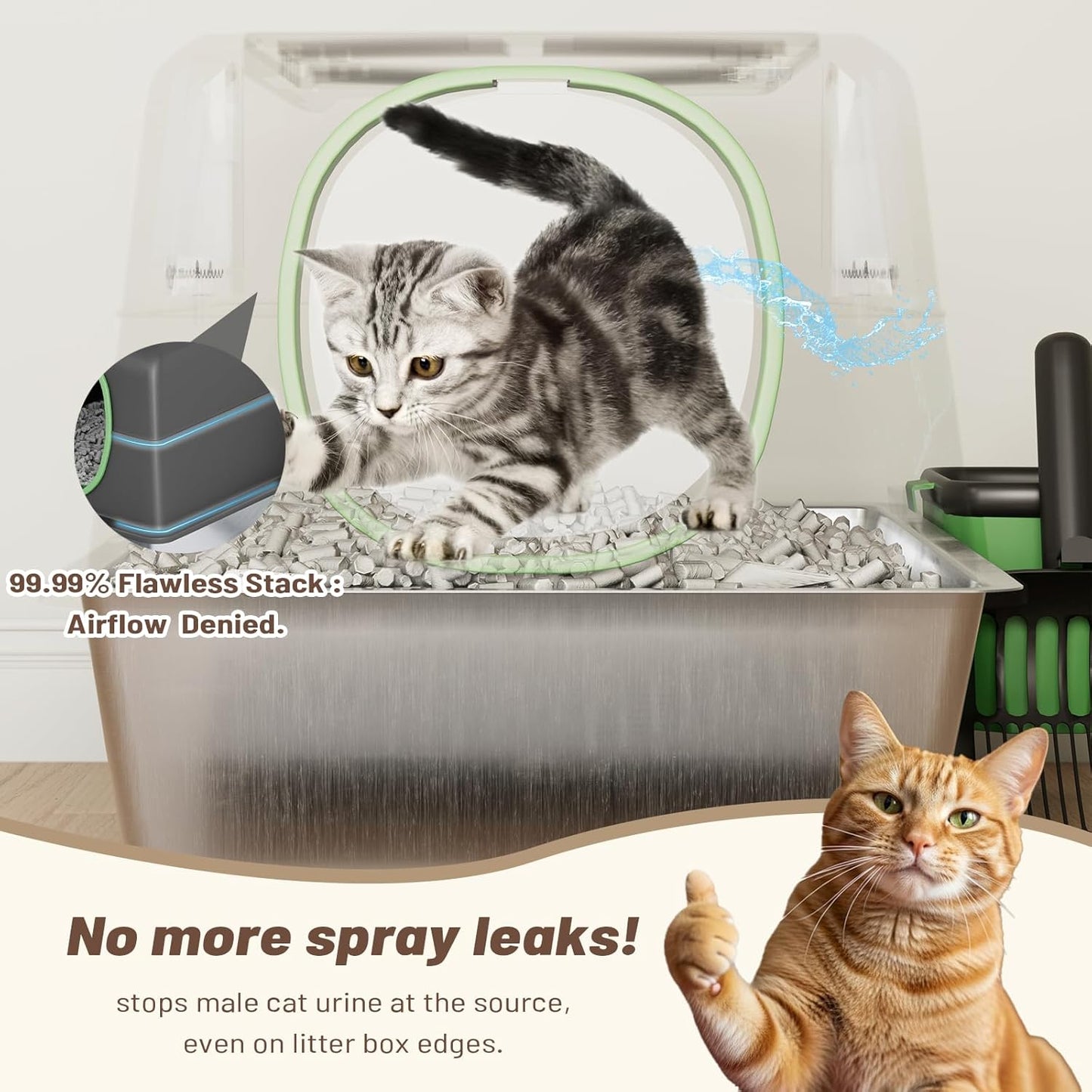 Extra Large Enclosed Stainless Steel Cat Litter Box Enclosure with Lid, Front Dual-Door and Top Exit Metal Cat Litter Pan Box for Big Cats, with Poop Scoop,Box Step, Waste Bin & Trash Bags, Black