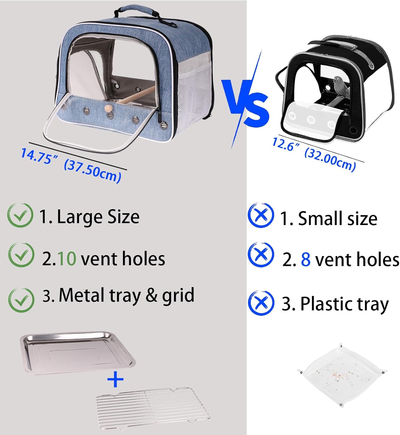 Bird Travel Carrier Cage for Large Size Parrot, Portable Bag with Metal Tray and Grid to Carry and Transport Medium and Large Birds Like African Grey, Long Tail Cockatiel and Parrot
