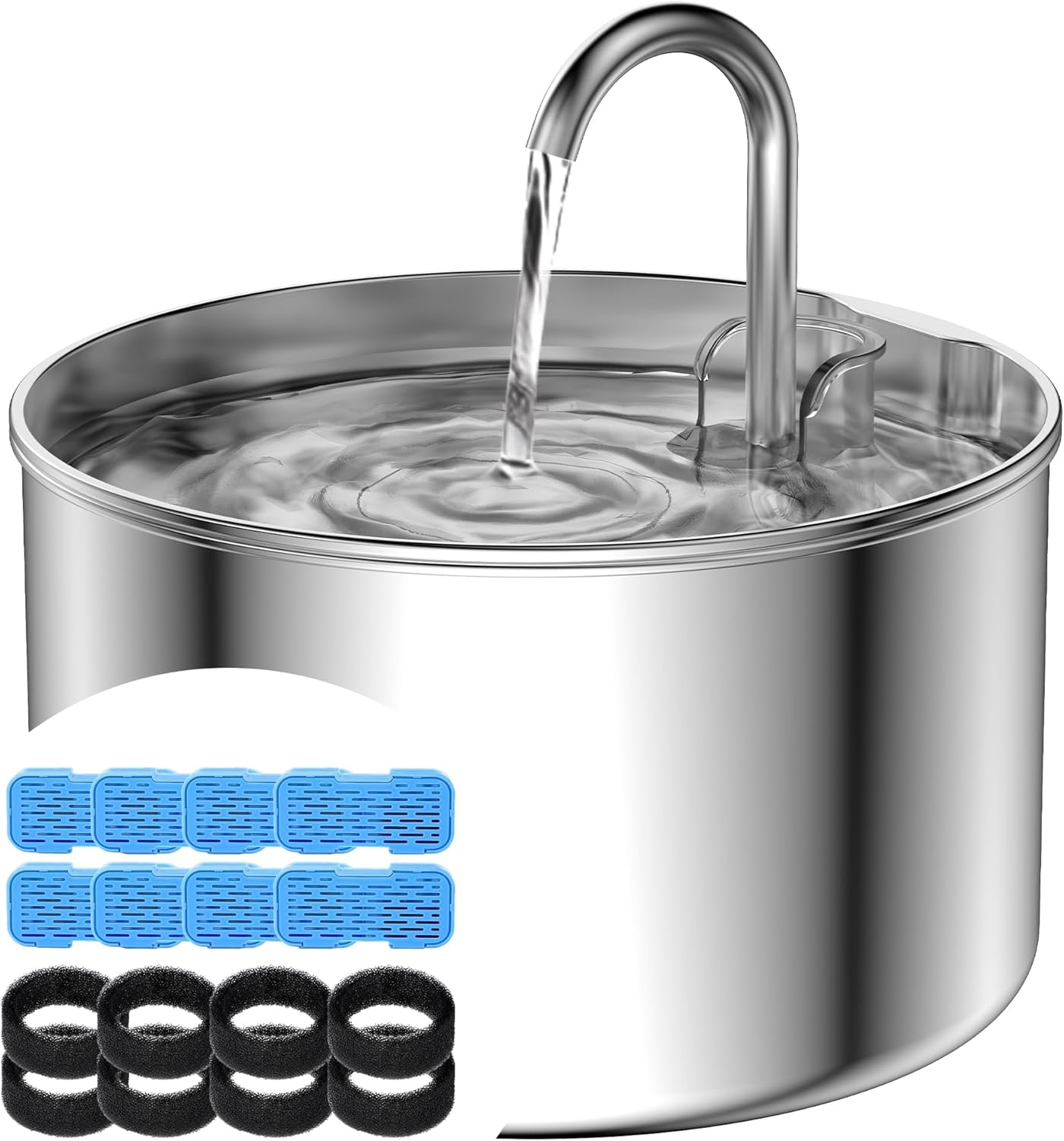 AOOGITF Cat Water Fountain + 8 Filters + 8 Sponges, 304 Stainless Steel Pet Water Fountain, 24 Hours Keep The Water Clean, 74oz Capacity, Ultra-Quiet, No Sputter, Compact, Easy Cleaning
