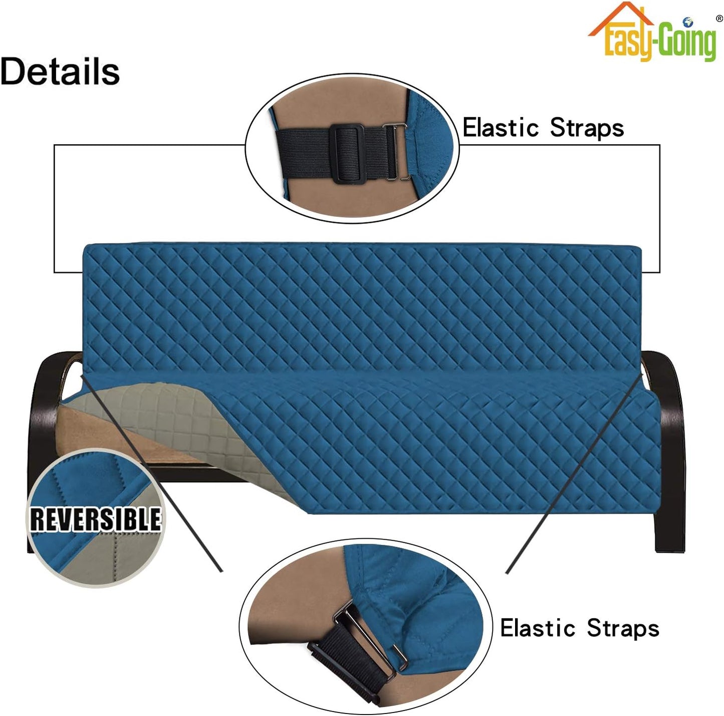 Easy-Going Futon Sofa Slipcover Reversible Sofa Cover Armless Futon Cover Furniture Protector Couch Cover Water Resistant Pets, Kids, Children, Dog, Cat (Futon, PeacockBlue/Beige)