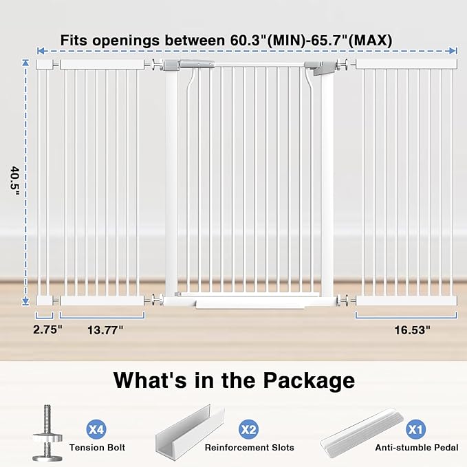 40.55" Extra Tall Baby Gate for Stairs-60.3"-65.7" Wide 1.37" Ultra Narrow Spacing Extra Wide Pet Cat Gate Dog Gate-Auto-Close Pressure Mounted Dog Door for Pets and Kids,White