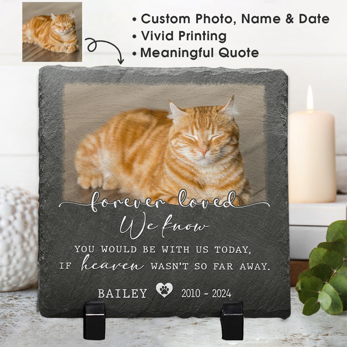 Pet Memorial Stone - Square Shaped & Personalized Sympathy Gift Baskets, Heaven Not Far Phrase, Forever Loved Dog & Cat Plaque, Ideal for Those Whose Pets Passed Away