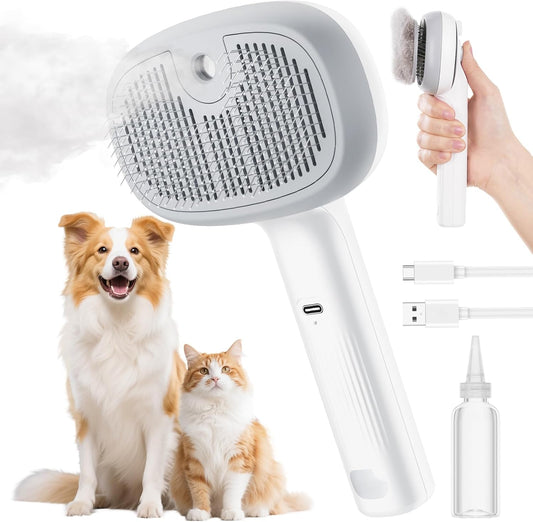 Pecute Steam Cat Brush, Self-Cleaning Cat Steam Brush with 2 Water Spray Modes, Large Capacity Tank, Dog Brush for Shedding Massaging Grooming, Cool Mist Only