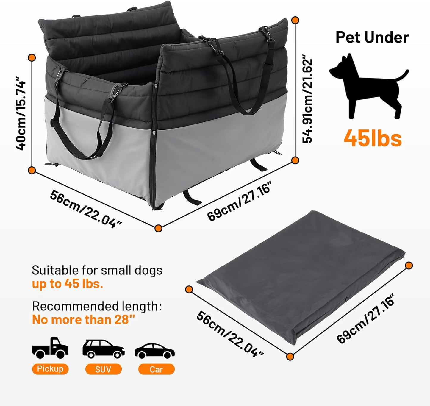 Dog Car Seat for Medium Pets: 2-in-1 Foldable Travel Booster with Waterproof PU Leather, Secure Safety Straps, Fits Pets Up to 45 lbs
