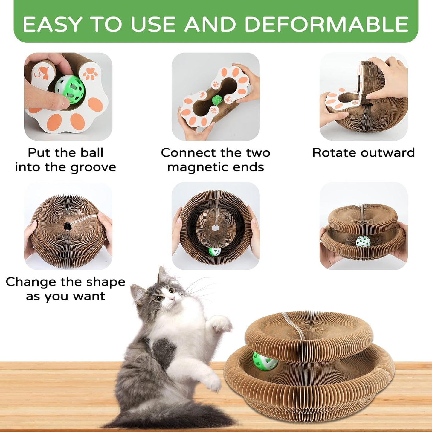 Kitty Kurlz Accordion Magic Organ Cat Scratcher Toys for Indoor Cats - Cardboard Cat Scratching Board Ball Scratcher Pad 1 Pack