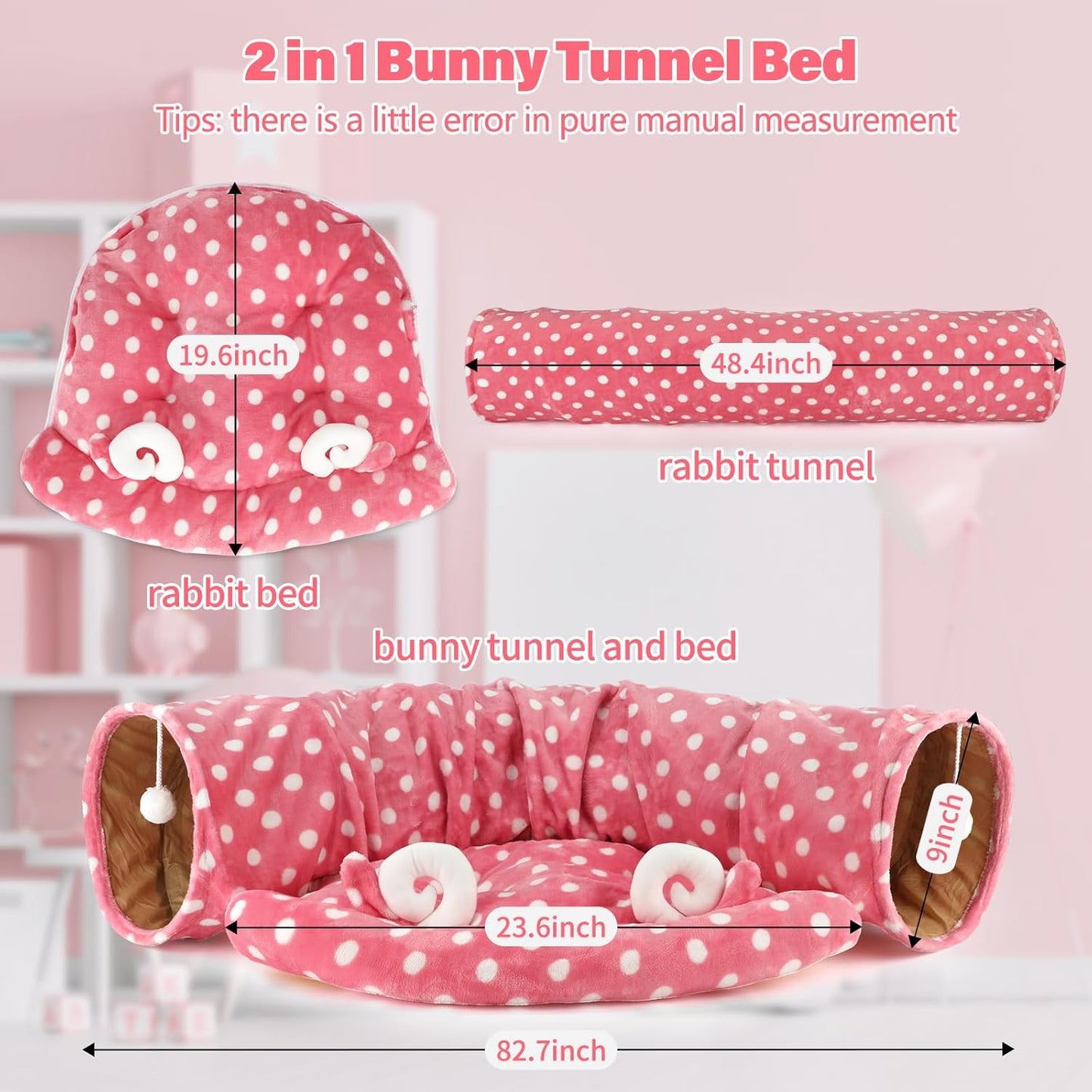 BWOGUE Bunny Tunnel Bed, 2-in-1 Collapsible Tunnel Tubes Toys with Removable Mat Hideout for Cats Kittens Rabbits Guinea Pigs Kitty