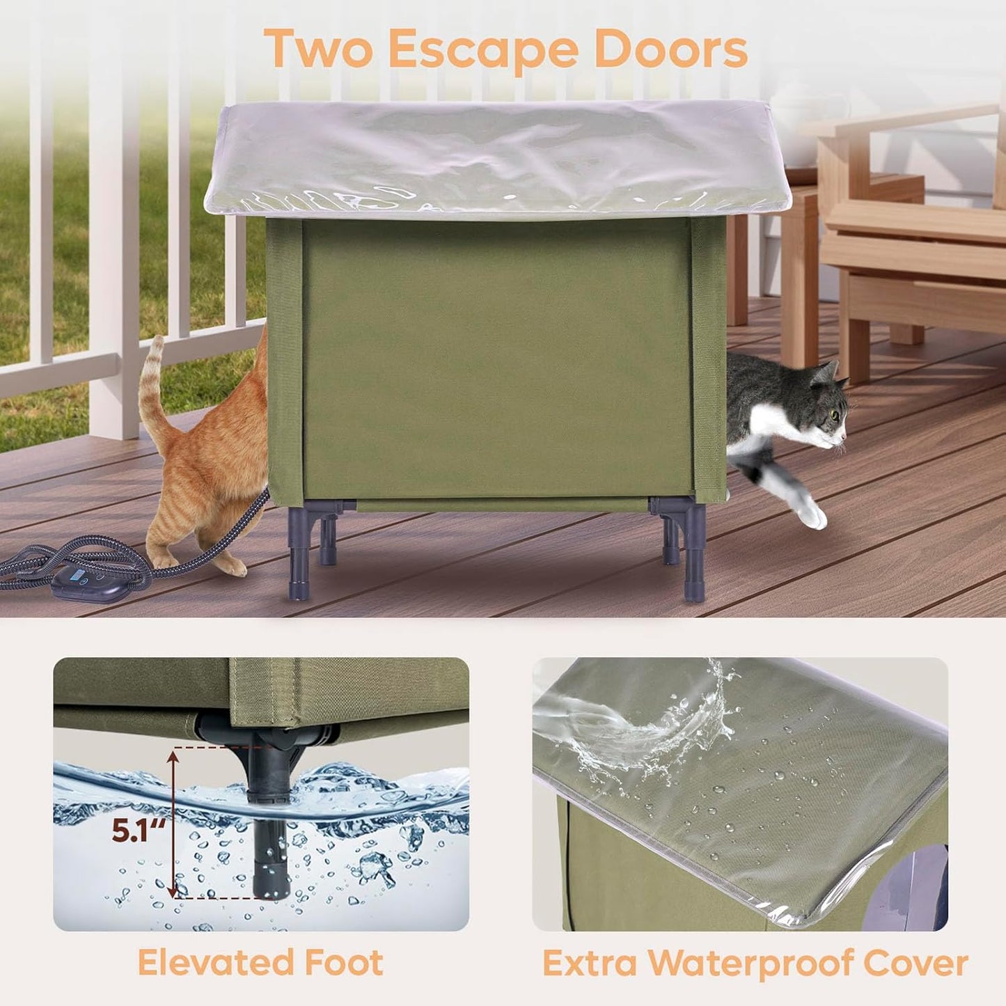 Large Heated Cat House for Outside, Insulated Weatherproof Outdoor Feral Cat House with Timer & Adjustable Temperature Heater Pad, Elevated Pet House with Escape Door for Winter, Barn, Porch