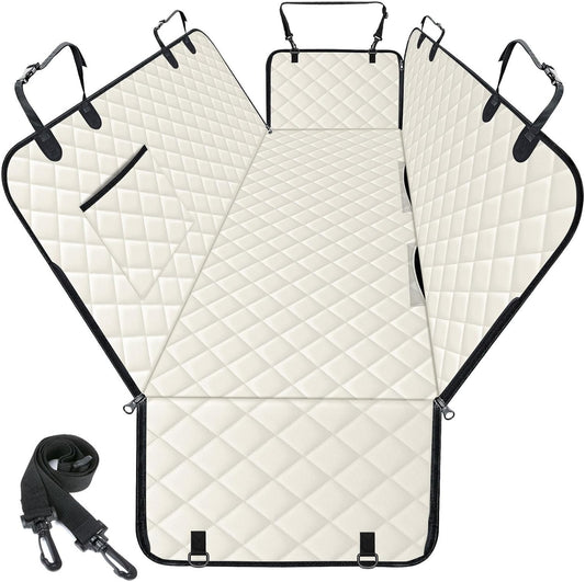 Waterproof Dog Car Seat Cover for Back Seat - Durable, Scratch Proof Pet Hammock with Nonslip Design & Storage Pockets, Fits Cars, SUVs, Trucks - L, Beige/Black