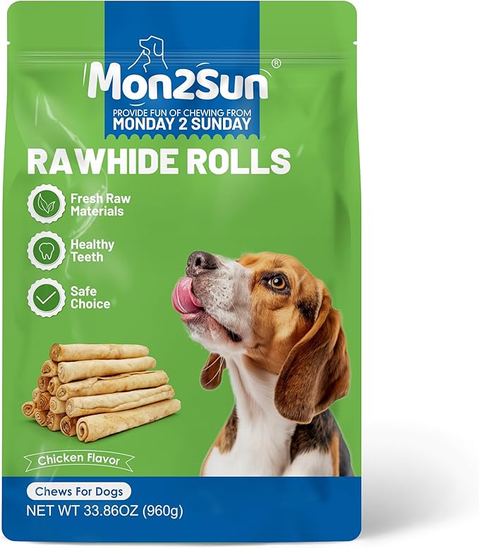 MON2SUN Dog Rawhide Rolls Twist Sticks 6.5 Inch Chew Treats Chicken Flavor 60 Count for Puppy and Small Dogs