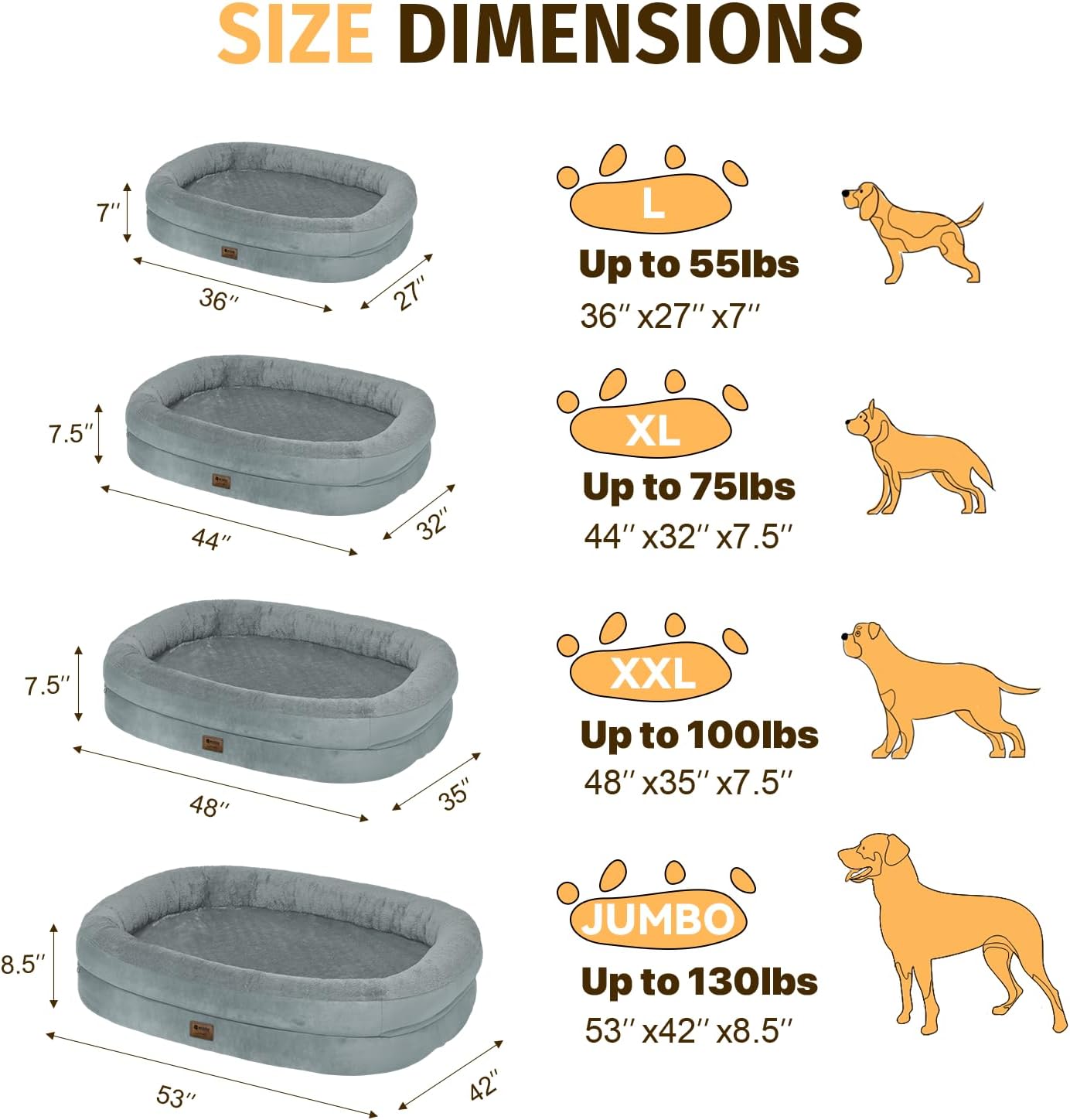 Orthopedic Waterproof Large Dog Bed: Memory Foam Washable Dog Bed with Bolsters - XXL Orthopedic Removable Cover for Medium Large Sized Pet - Non-Slip Bottom - Grey