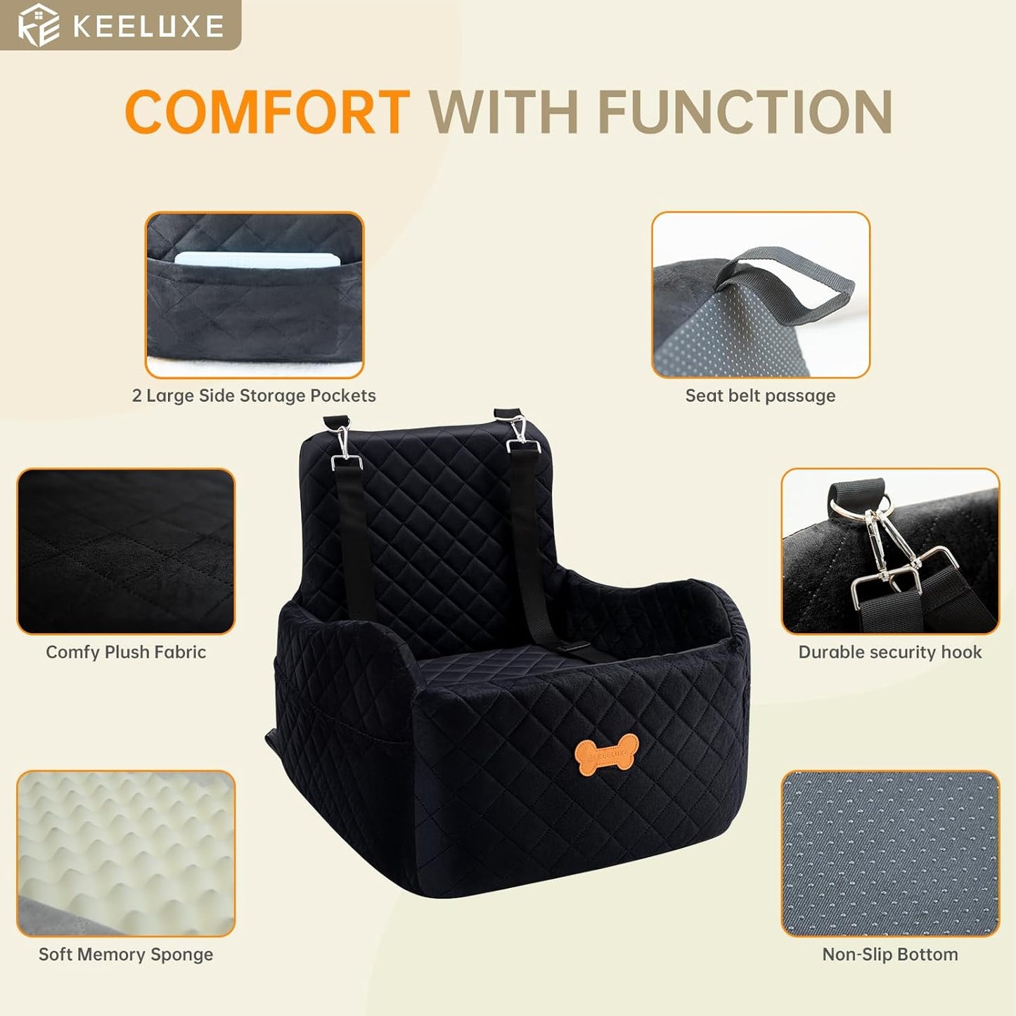 Dog Car Seat for Small Dogs, Dog Booster Seat Filling in Thick Memory Foam with 2 Safety Leashes and Storage Pocket, Suitable for Pet Under 30lb or 2 Puppies (Black)