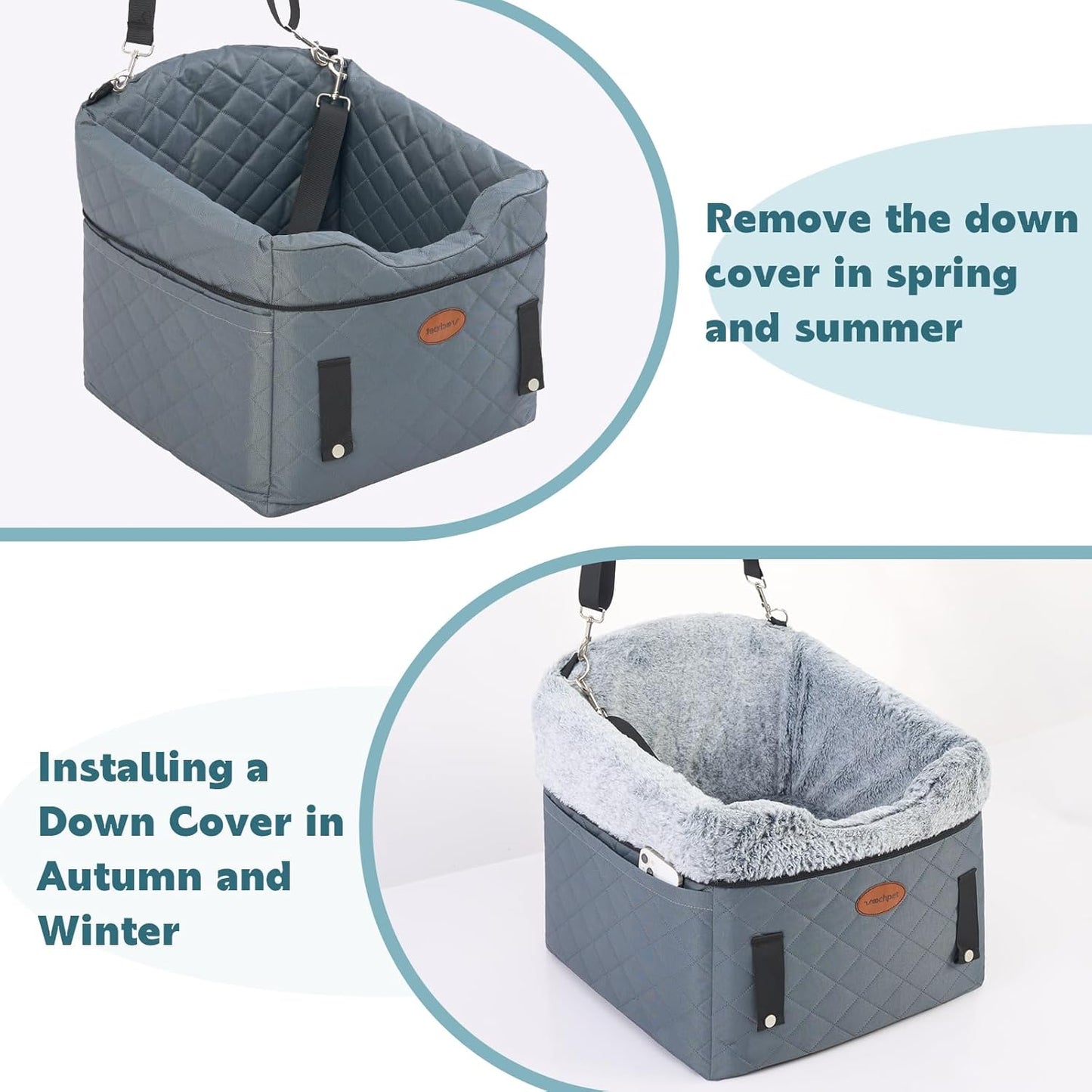 Dog Car Seat with Loops Dog Booster Seat for All Seasons, Anti Slip Bottom Pet Travel Bed with Thick Pets Sofa Cushion and Storage Pockets for Small Pets（Grey）