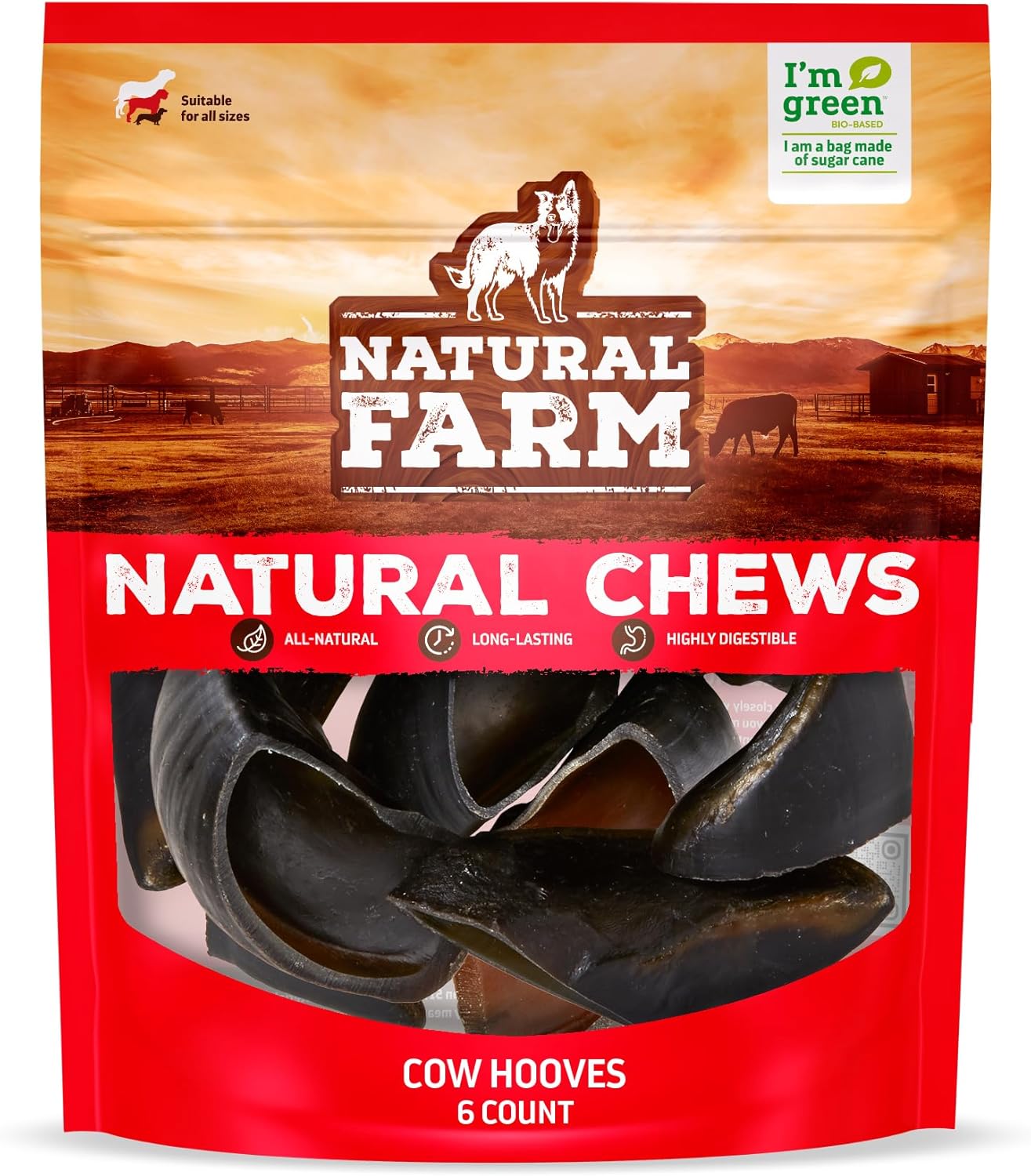 Natural Farm Cow Hooves (6 Pack), Odor-Free, All Natural Sourced from Farm-Raised Beef Hoof Dog Treats, Great Alternative to Bully Sticks or Rawhide, Dental Chew for Small, Medium, Large Breeds