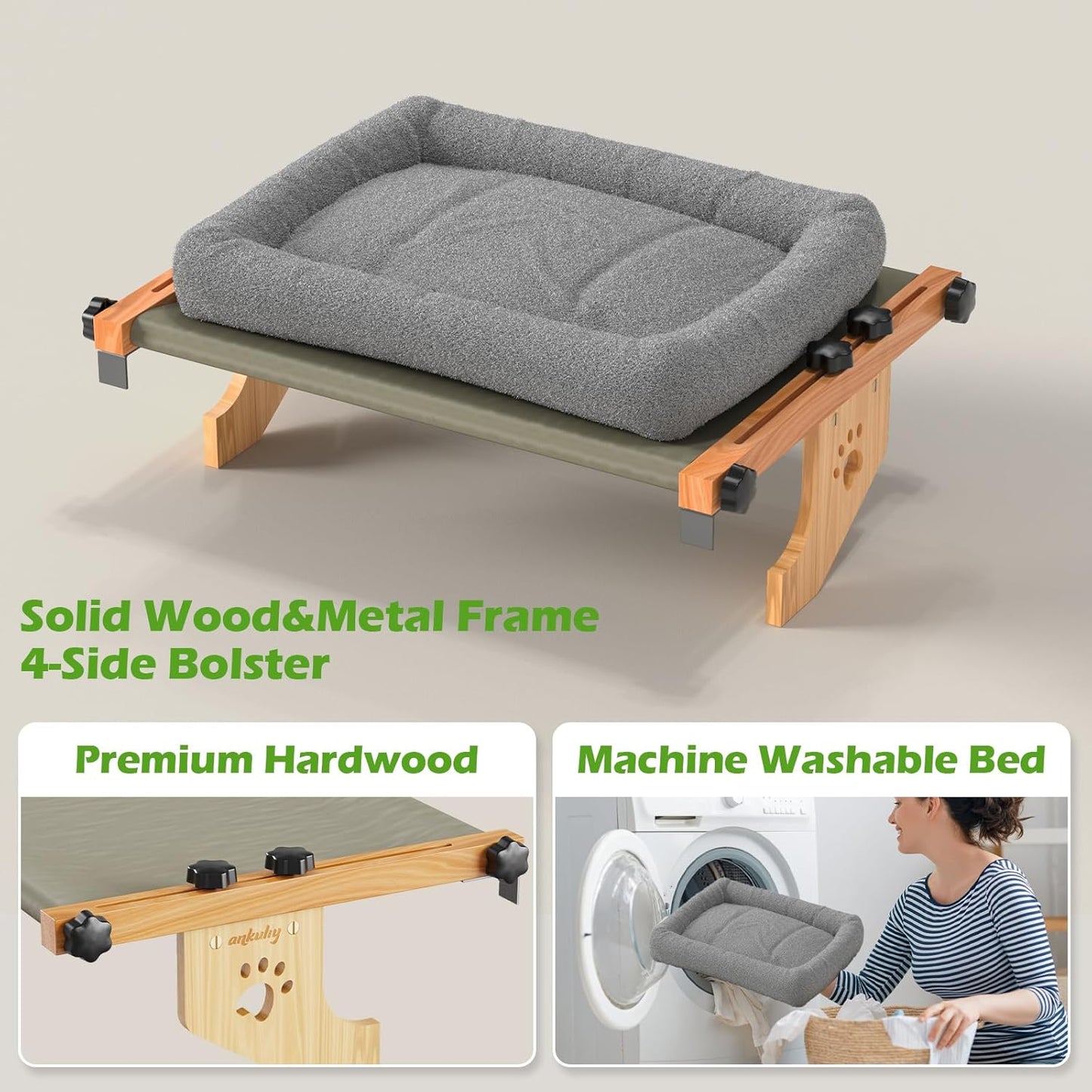 Cat Window Perch, Cat Window Hammock for Indoor Cats with Solid Wooden Frame and Cushion Bed Cover Washable,Ideal for Windowsill, Bedside, Drawer and Cabinet,Easy to Adjust,19.7x15x6.7IN(Grey,M)