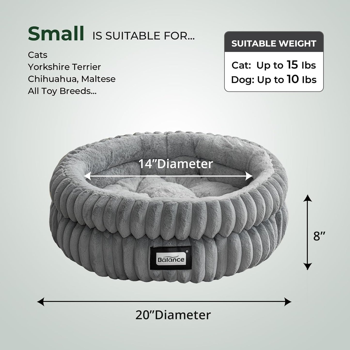 BALANCE Cat Bed Kitten Bed, Washable Round Cat Beds for Indoor Cats, Super Soft Plush Faux Fur Pet Bed for Puppy and Kitten with Anti-Slip Bottom