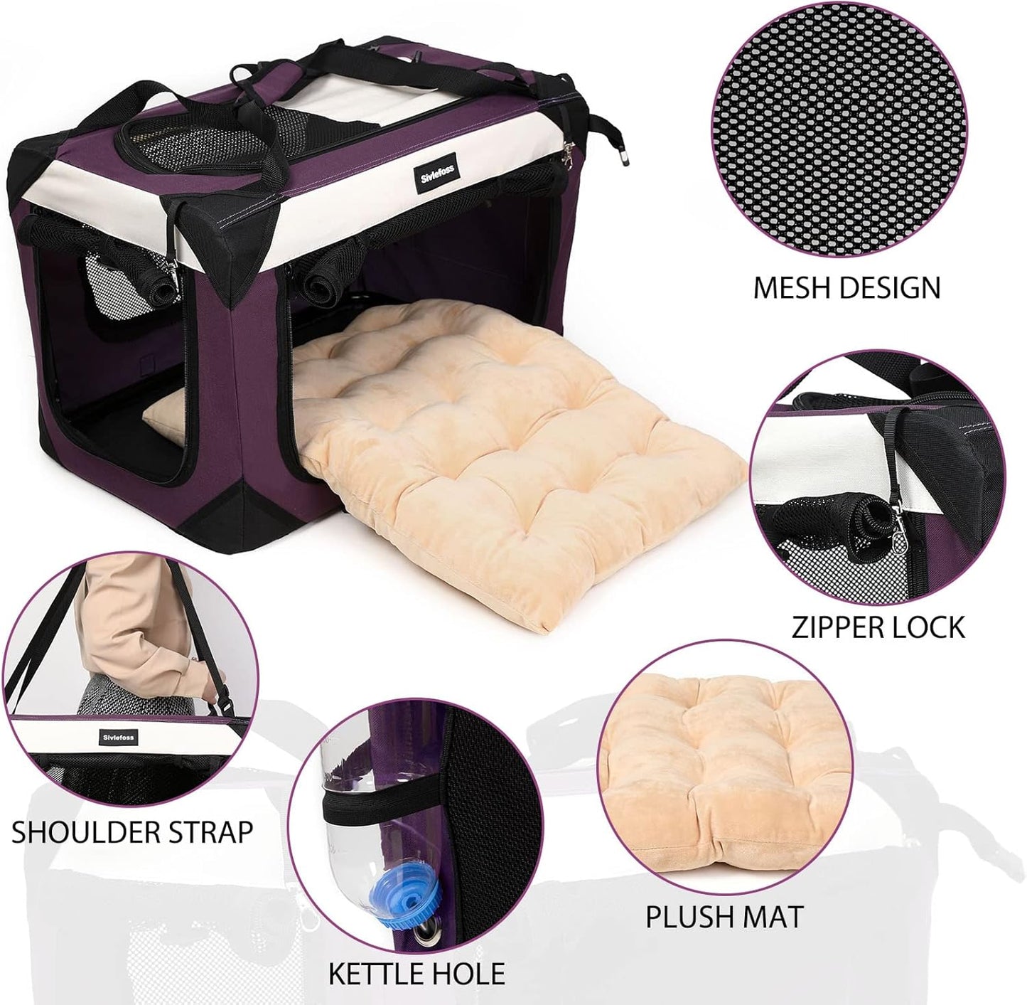 Collapsible Dog Travel Crate,Portable Soft-Sided Pet Carrier Extra Large Cat Carrier with Soft Plush Plush Mat for Indoor and Outdoor,28x20x20in,Purple