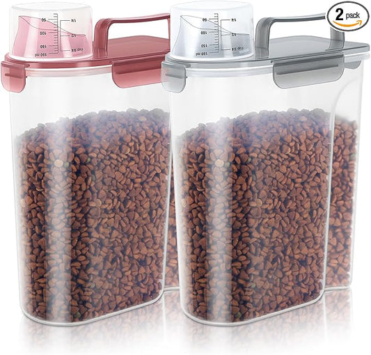 5-7Lbs Cat Dog Storage Container, Portable Pet Food Containers with Upgraded Large Spout and Cup, Small Animal Kibble Dispenser for Bird Seed, Oatmeal, Rice, Flour (2, Claer(Pink+Grey), 5L)