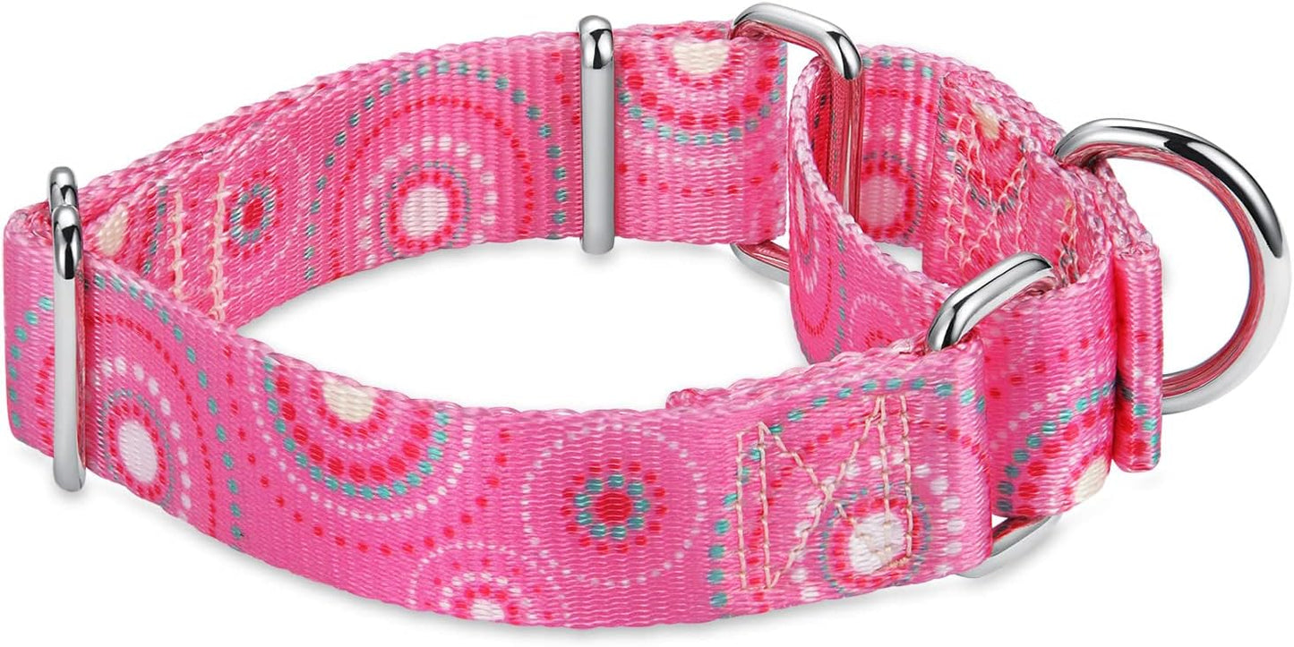 Fashion Print and Unique Geometric Pattern Martingale Dog Collar, Silky Soft Safety Training Collars for Small to Large Dogs (Medium, 1 Inch Wide, Firework Dots -Pink)