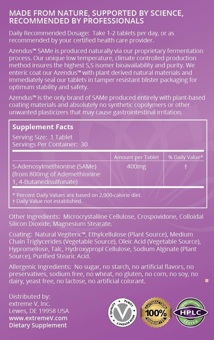 Azendus SAM-e Mood Support 400mg, 30 Count, Same Butanedisulfonate Fiber Enteric Coated Tablets