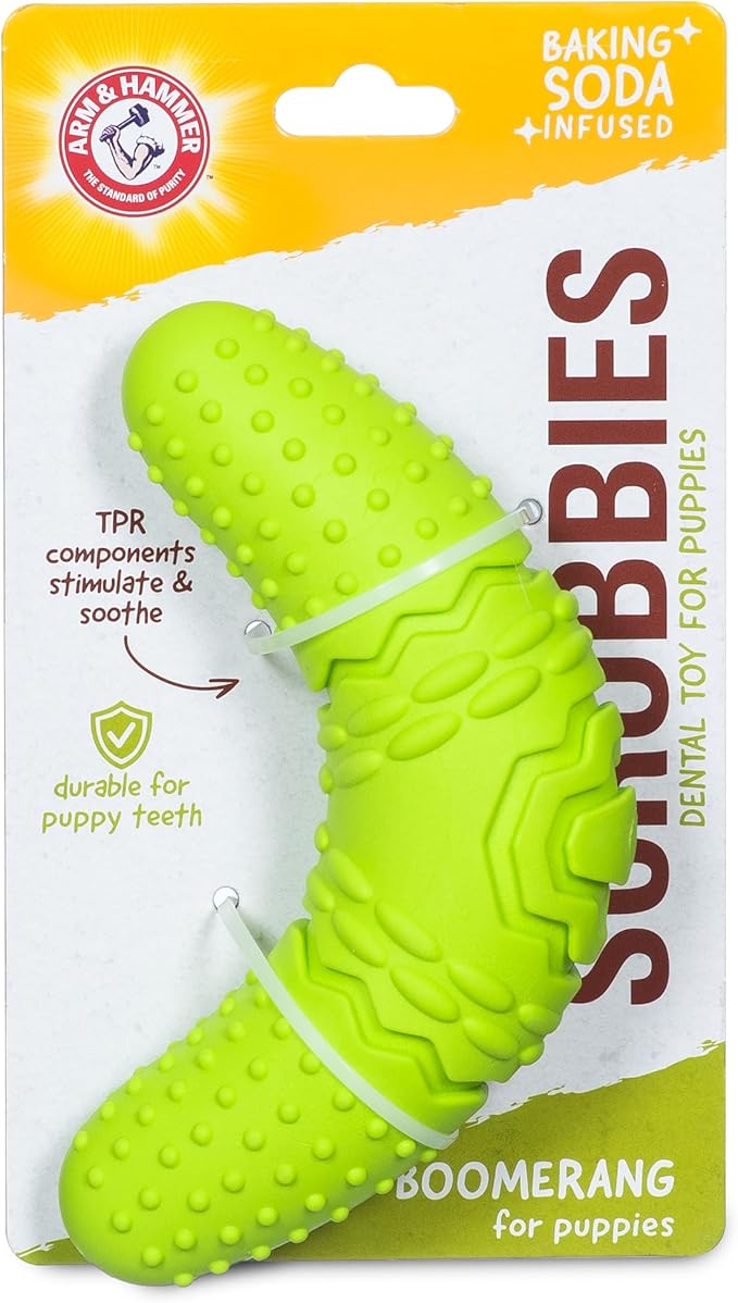 Arm & Hammer for Pets Scrubbies Boomerang Chew Toy for Puppies Infused with Baking Soda - Durable Teething Toy with Unique Shape for Fetch & Chew - Interactive Dental Chew Toy for Puppies