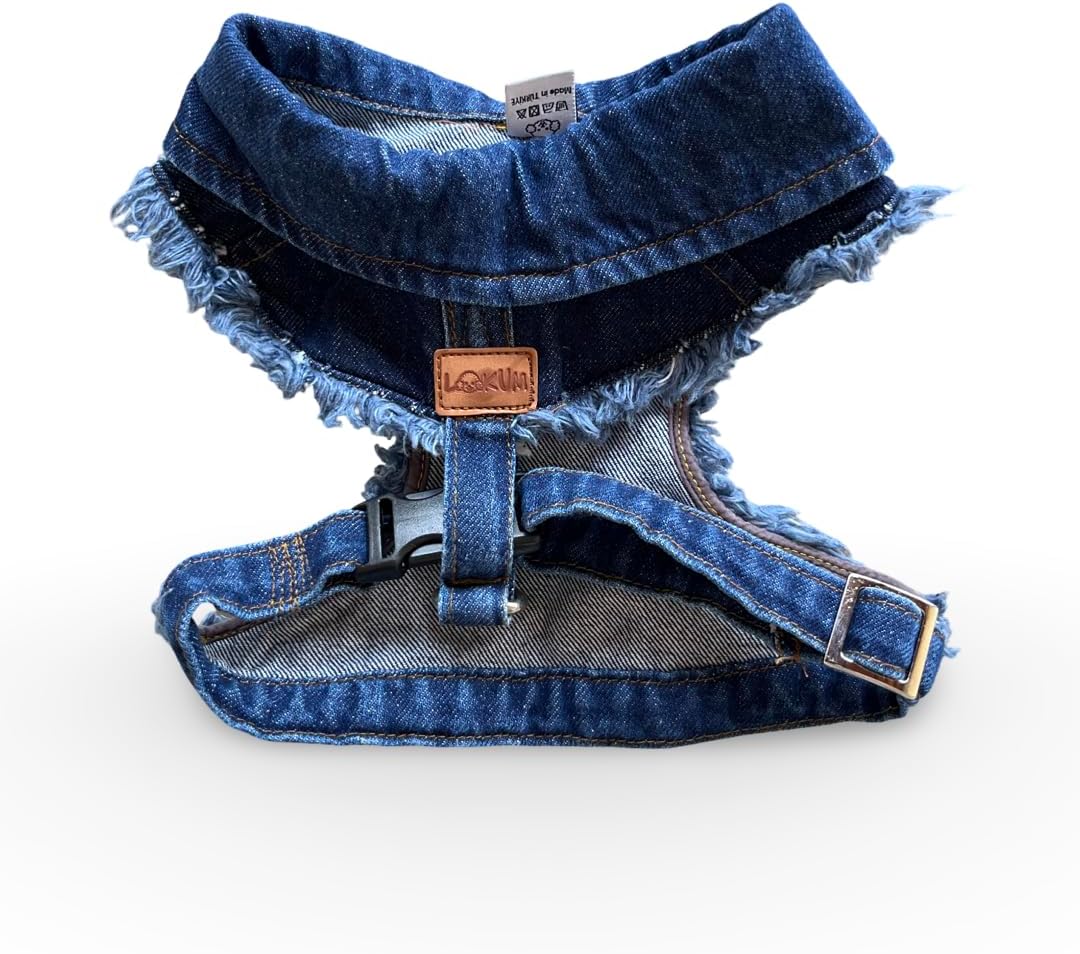Dog Harness for Small Dogs, Pet Vest for Cats & Small Breeds, Adjustable Denim Harness, No Pull Dog Vest, Handmade Cotton Harness for Medium & Large Dogs (Denim M)