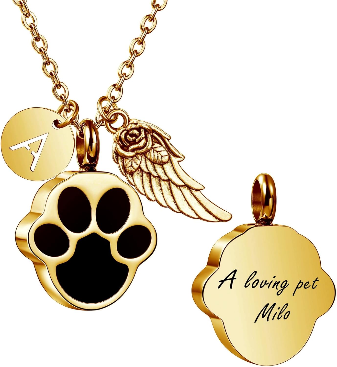 MeMeDIY Personalized Heart Paw Print Ashes Urn Pendant Necklace Custom Name/Photo/Date for Women Men Pet Lover Stainless Steel Memorial Dog Cat Pet Keepsake with Funnel Fill Kit Angel Wing