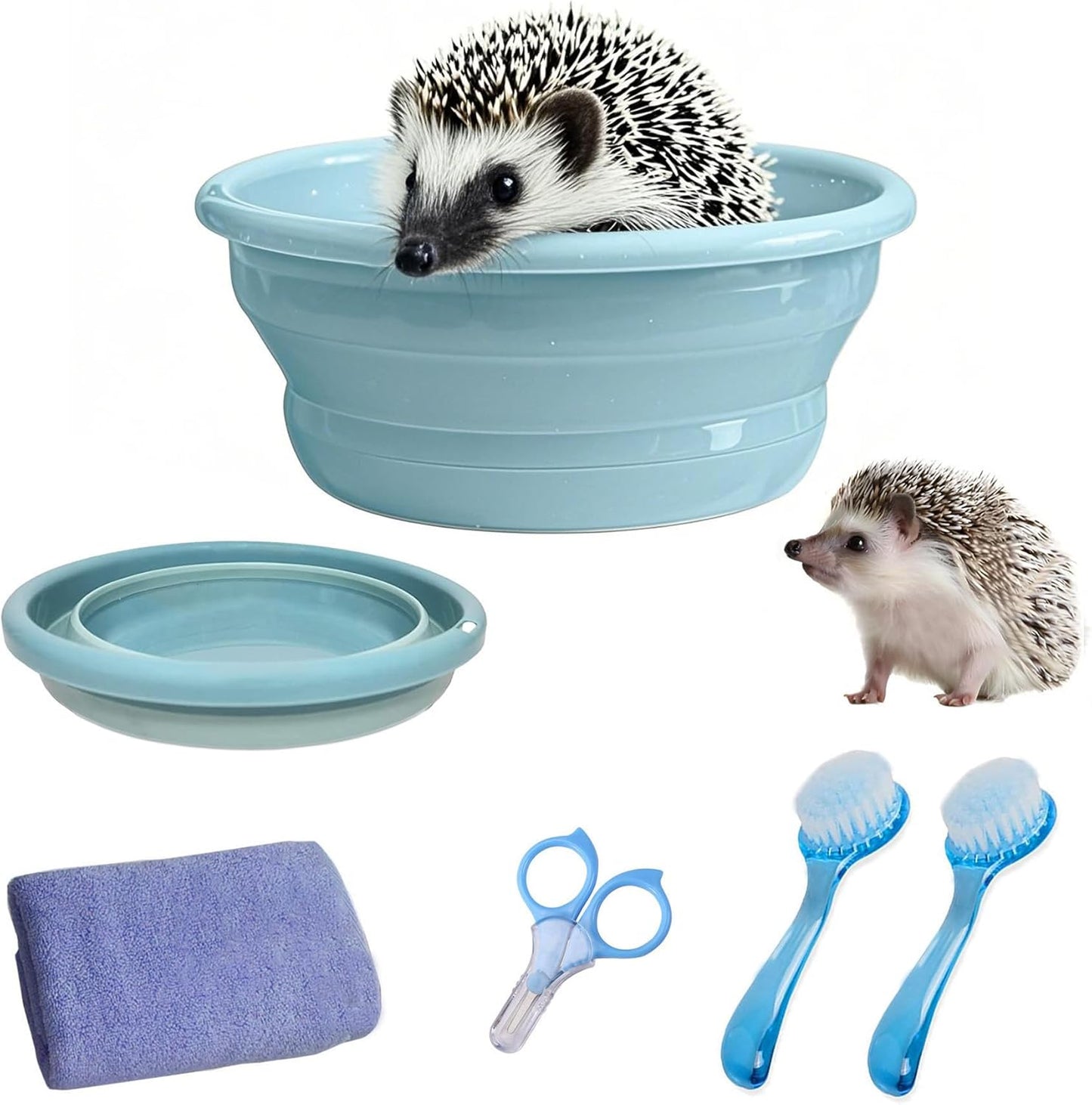 JSLZF Hedgehog Supplies Bath Kit Plastic Foldable Hedgehog Bathtub, Nail Clippers, 2PCS Bathing Brush, Towel, Pet Guinea Pig Bath for Small Animal