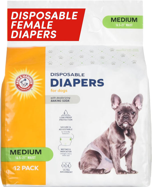 Arm & Hammer for Pets Disposable Female Dog Diapers - Adjustable, Leak Proof, Ultra Absorbent with Wetness Indicator for Urination, Dogs in Heat, Potty Training, and Incontinence, Medium, 12 Count