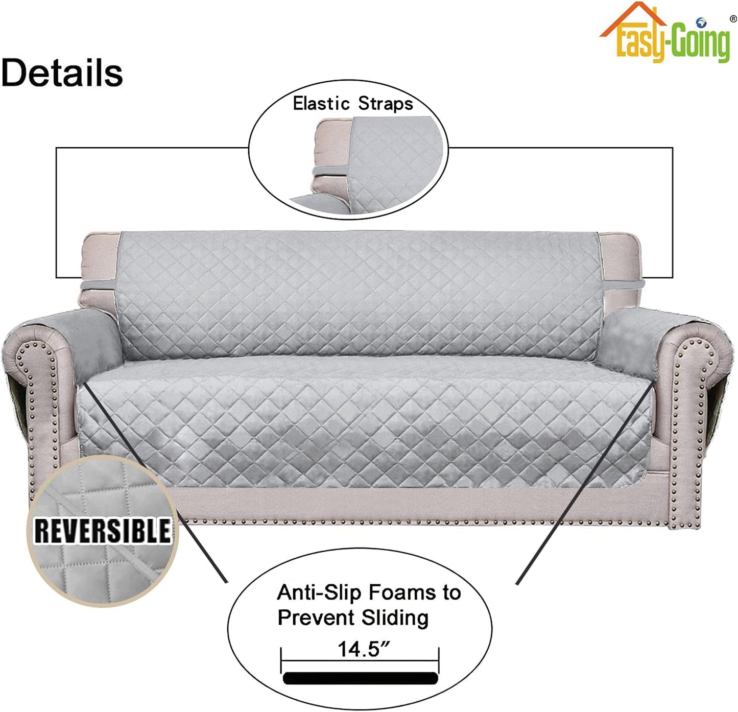 Easy-Going Reversible Loveseat Couch Cover for 2 Cushion Couch Sofa Cover for Dogs Water Resistant Furniture Protector with Foam Sticks Elastic Straps for Pet (Loveseat, Light Gray/Light Gray)