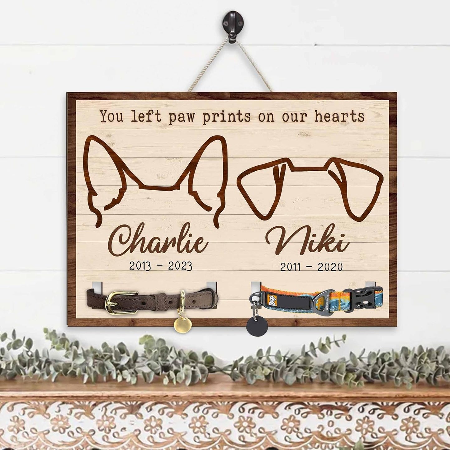 Custom Pet Memorial Frame with Dog Ear Silhouettes and Collar Holder – Personalized Dog Loss Gift, Pet Remembrance Wall Sign, Sympathy Gift for Pet Lovers