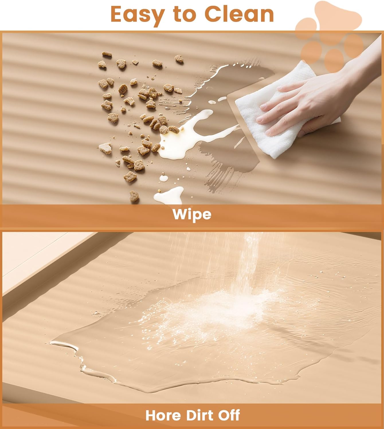 Dog Food Mat 36"x24", Waterproof Pet Feeding Mat with Diversion Grooves and Raised Edges, Large Non-Slip Dog Bowl Mat for Food and Water, Cat Food Mat for Floors, Easy to Clean, Khaki