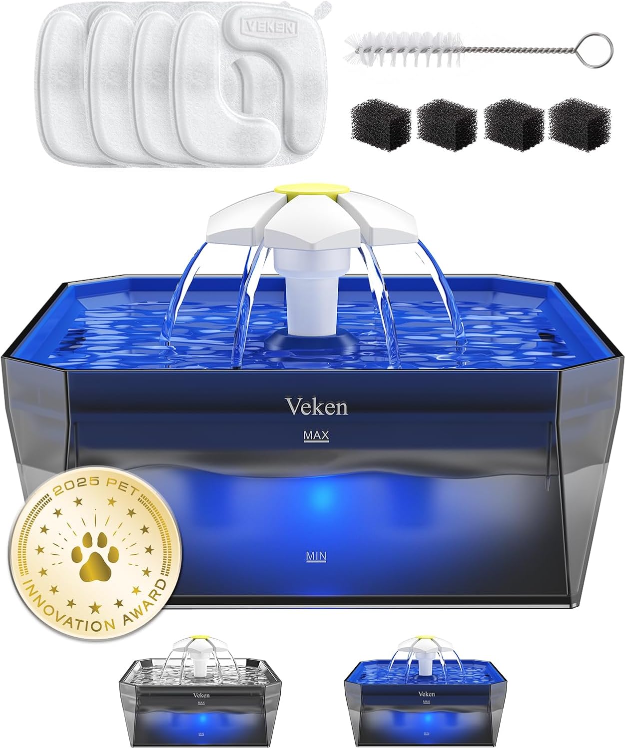 Veken Small Pet-Friendly Cat Water Fountain with Quiet Pump, Easy to Clean & Assemble, 50oz Mini Pet Water Dispenser with 4 Replacement Filters & 4 Pre-Filter Sponges for Small Animals, Blue