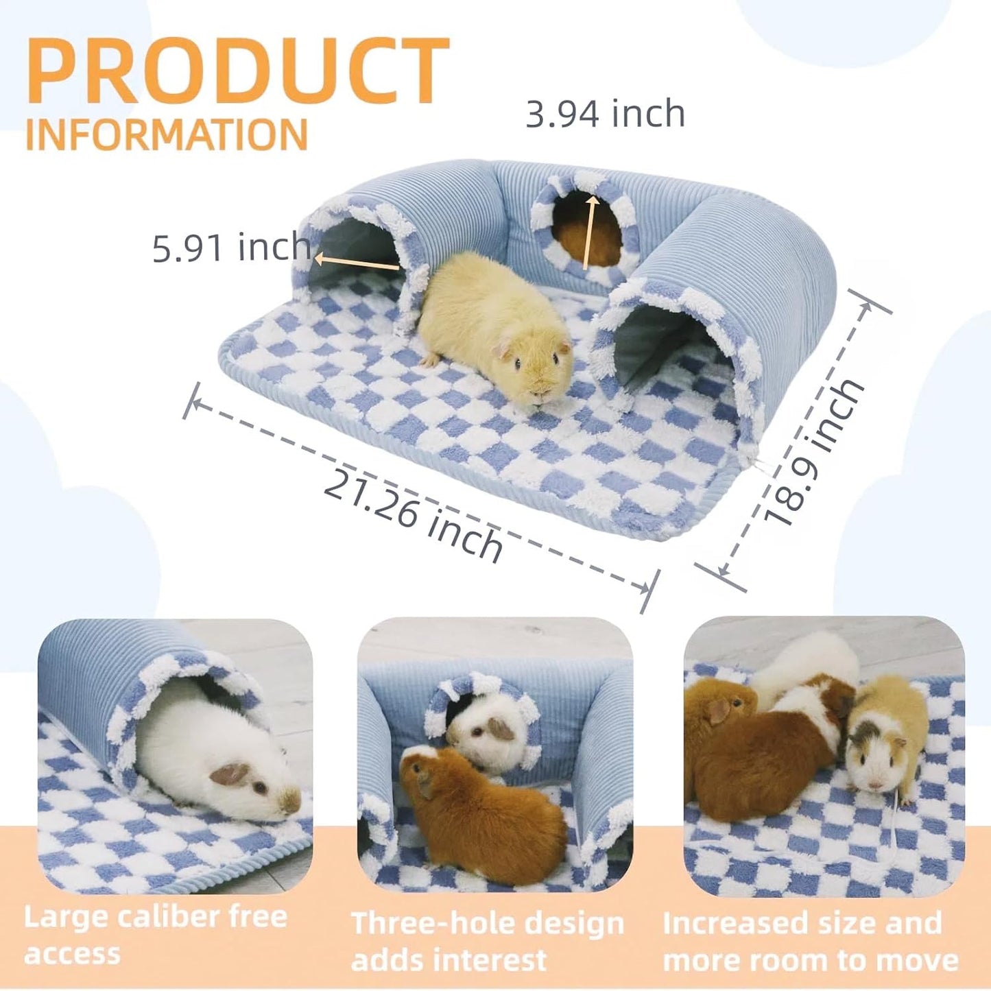 Guinea Pig Hideout Tunnel with Warm Bed for Small Pet 3 Cave Small Animal Tunnel Toy Cages Blue